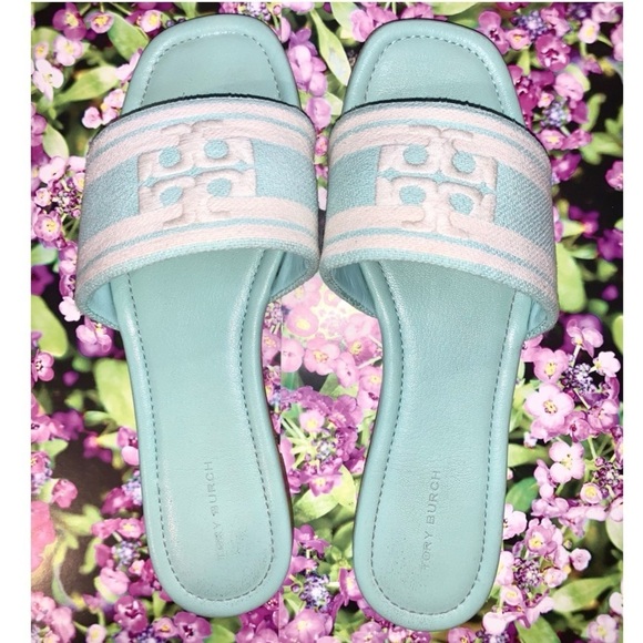 Tory Burch Designer Women's Logo Jacquard leather Slide Sandals 8.5 - Picture 1 of 9